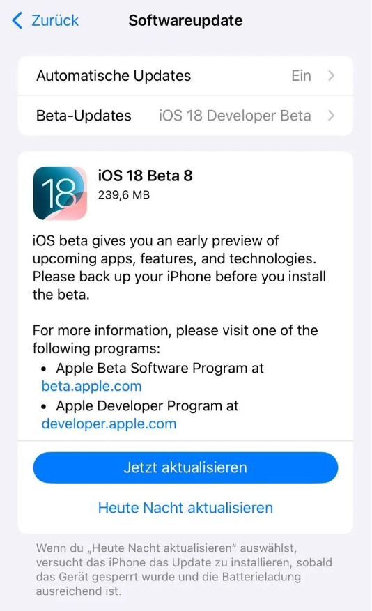 临城镇苹果手机维修分享苹果 iOS / iPadOS 18 开发者预览版 Beta 8 发布 